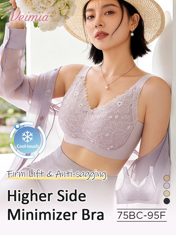 Model wearing purple floral lace high side minimizer bra with firm lift and cool-touch support - VEIMIA