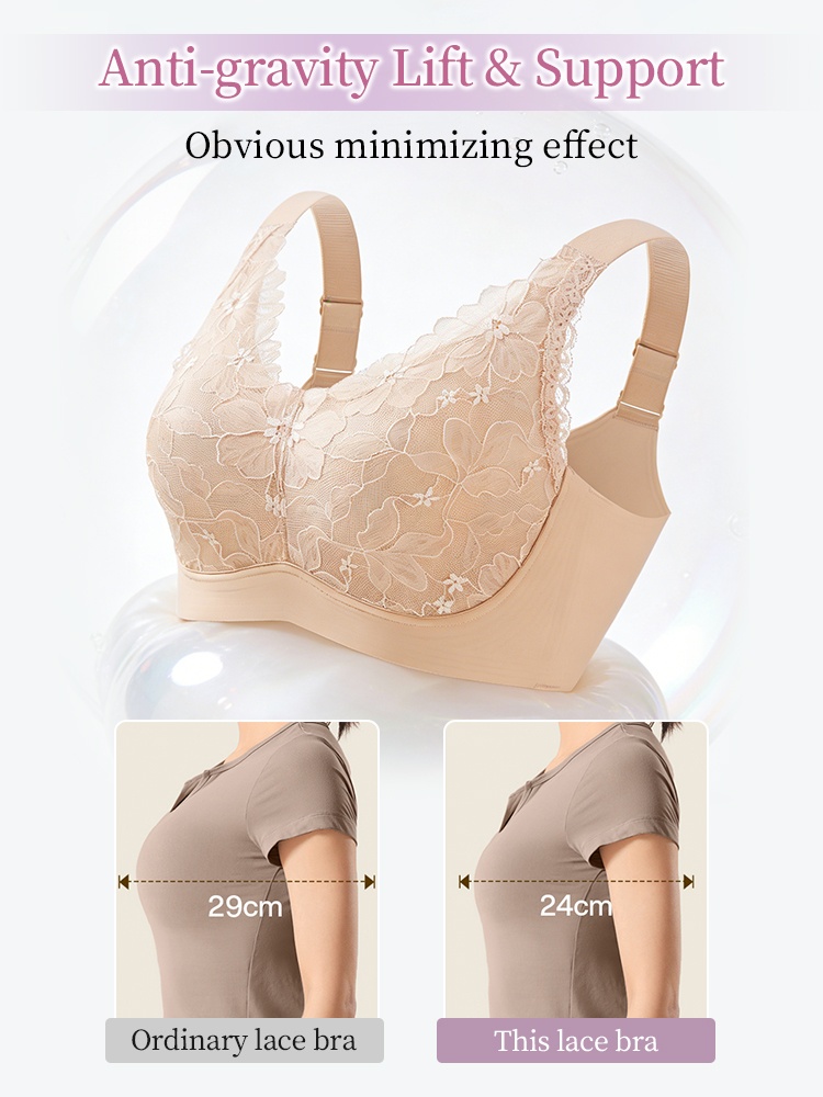 Sand floral lace minimizer bra showing anti-gravity lift support and 24 cm minimizing effect comparison - VEIMIA