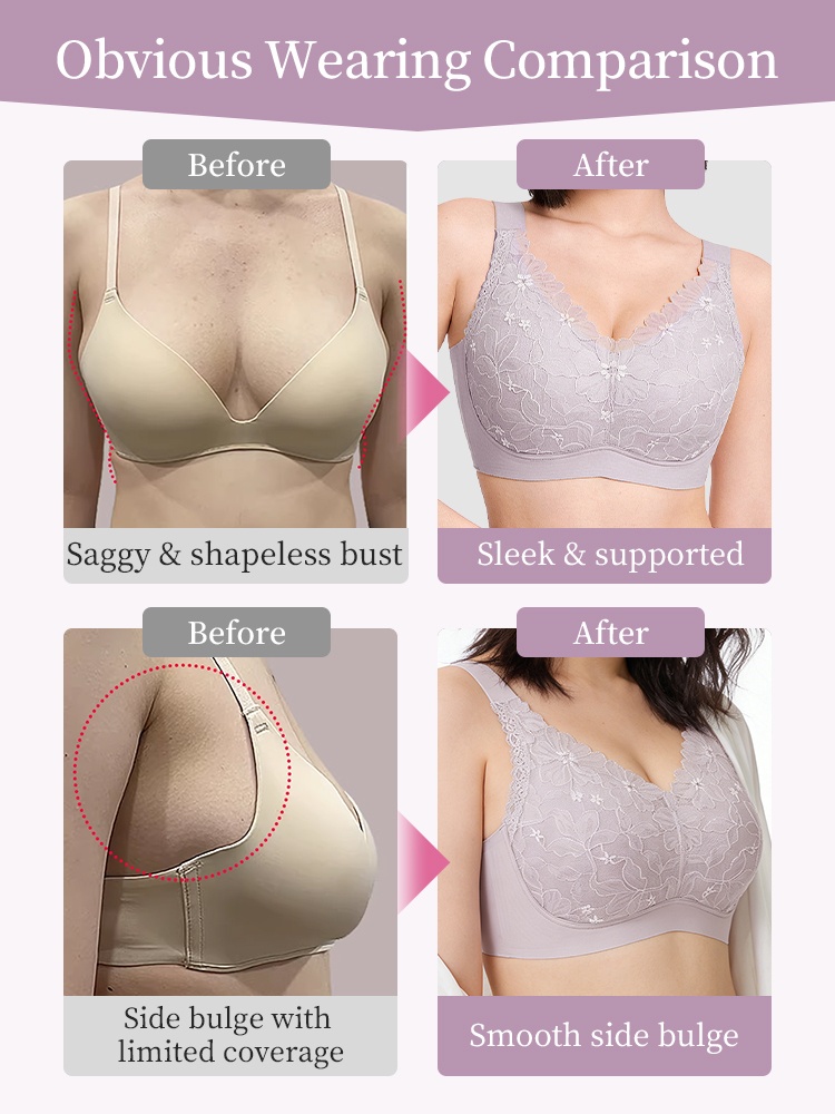 Before and after comparison showing high side minimizer bra smoothing side bulge and supporting bust - VEIMIA