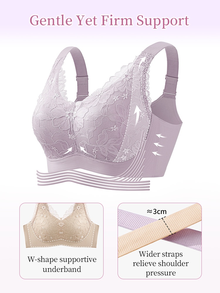 Purple floral lace minimizer bra showing W-shape underband and wider straps for gentle firm support - VEIMIA