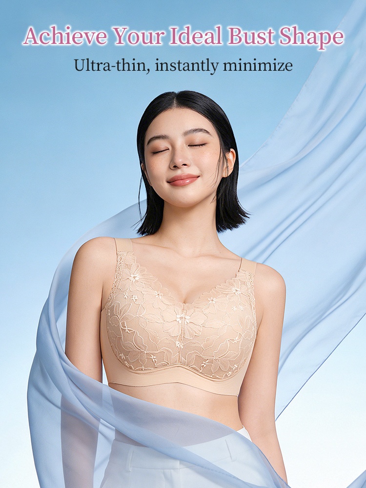 Model wearing sand ultra-thin floral lace minimizer bra to create an ideal lifted bust shape - VEIMIA