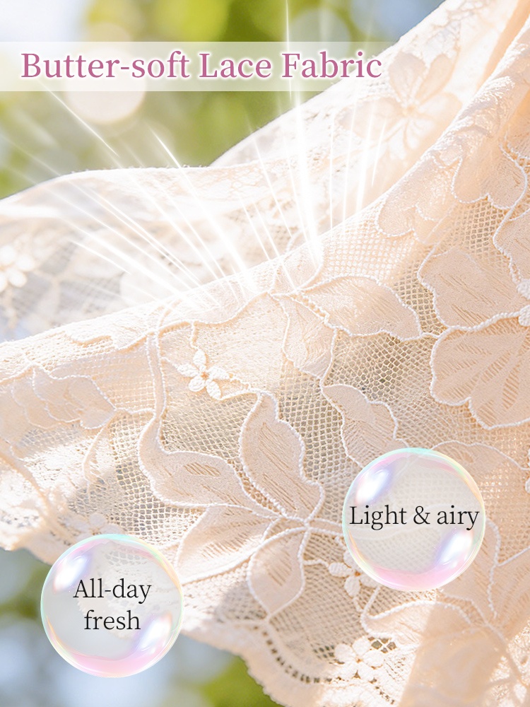 Close-up of butter-soft floral lace fabric showing light airy breathable texture for all-day freshness - VEIMIA
