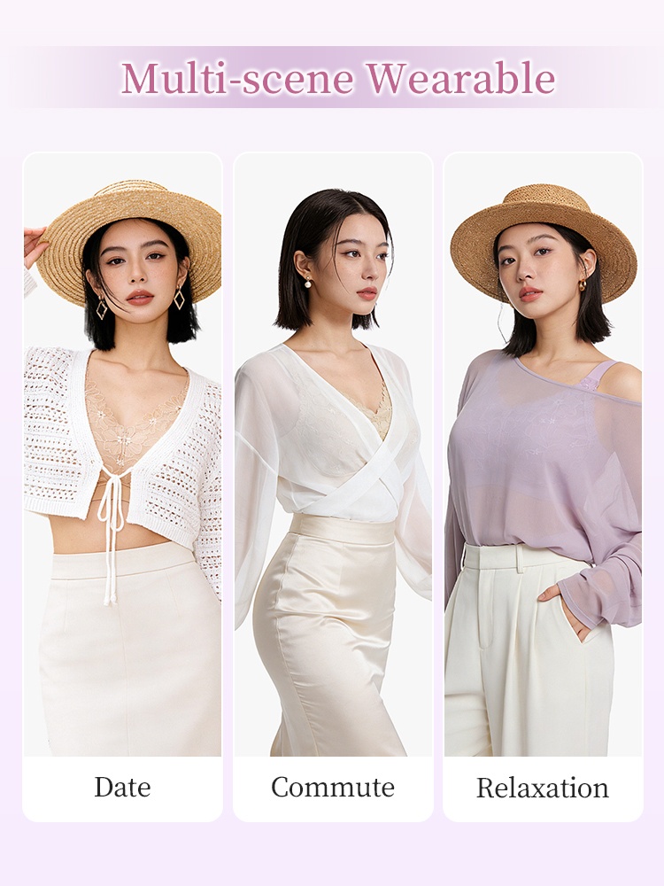 Multi-scene styling image showing lace minimizer bra under date commute and relaxation outfits - VEIMIA