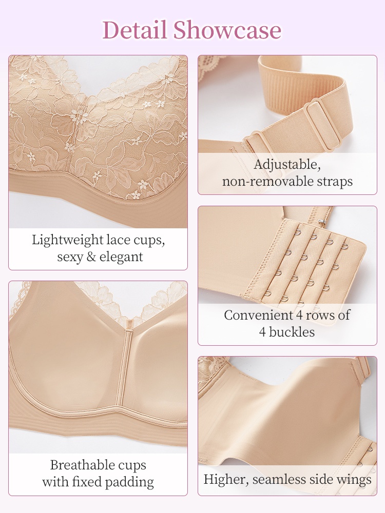 Detail showcase of sand lace minimizer bra with adjustable straps, fixed padding, hooks and seamless side wings - VEIMIA