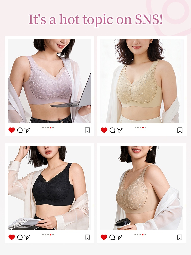 Social media style showcase of floral lace minimizer bras in purple, beige, black and sand - VEIMIA