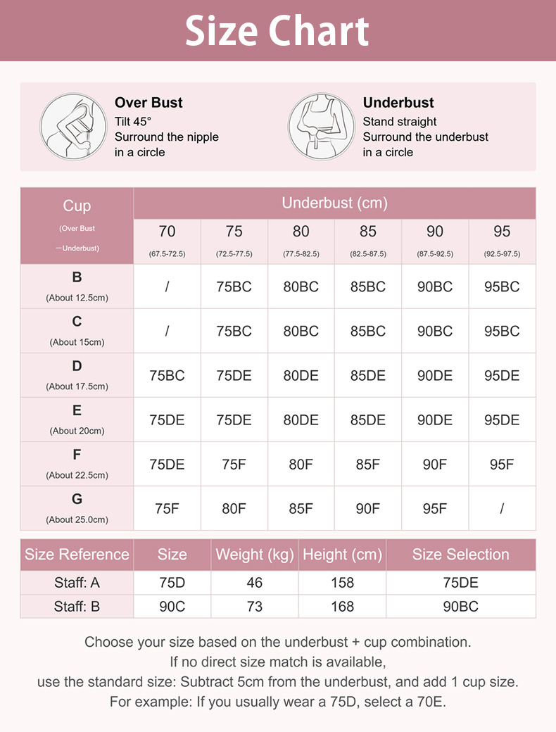 Size chart for high side minimizer bra with over bust, underbust, weight and size selection guide - VEIMIA