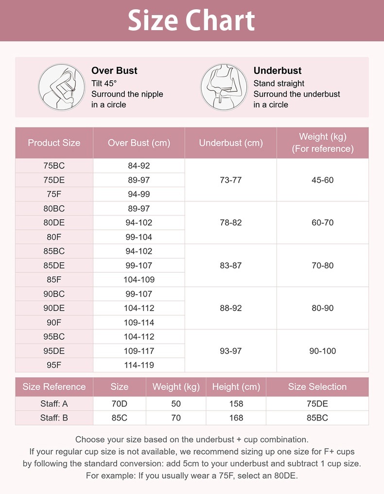 Size chart for high side minimizer bra with over bust, underbust, weight and size selection guide - VEIMIA