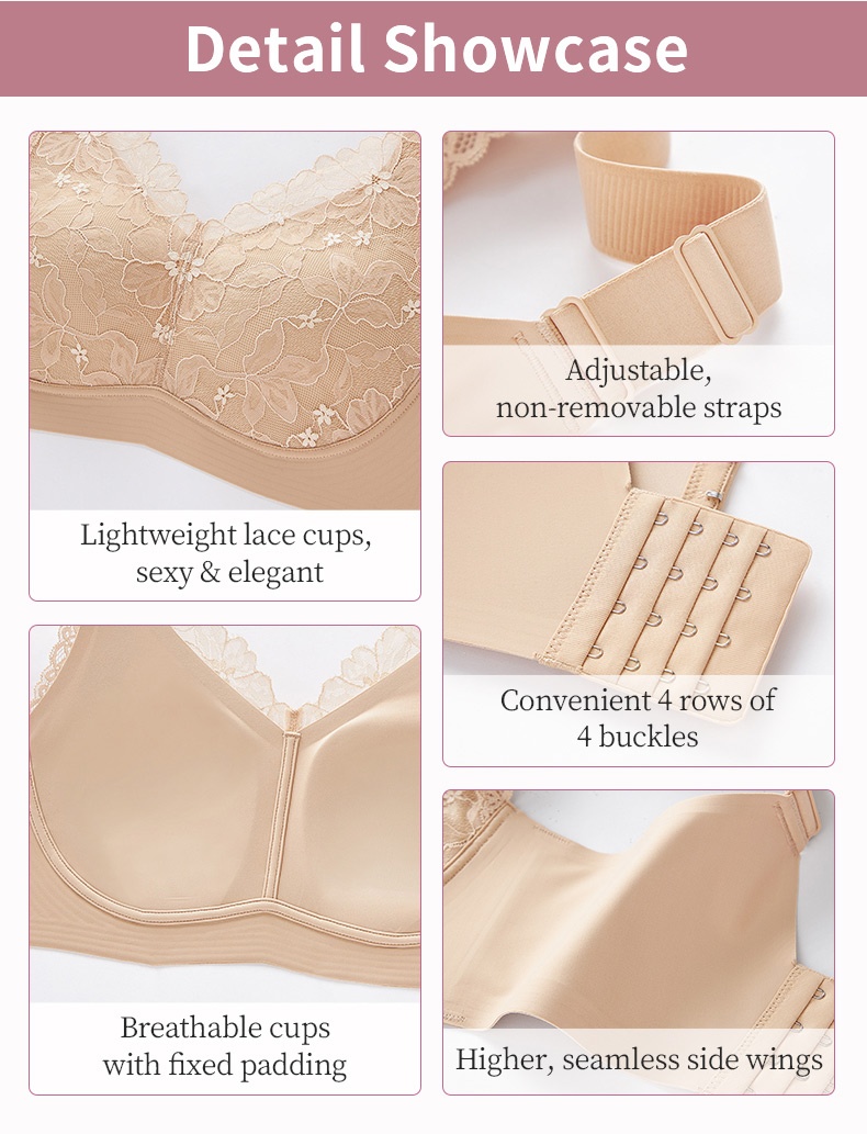 Detail showcase of sand lace minimizer bra with cups, straps, hooks, padding and seamless side wings - VEIMIA