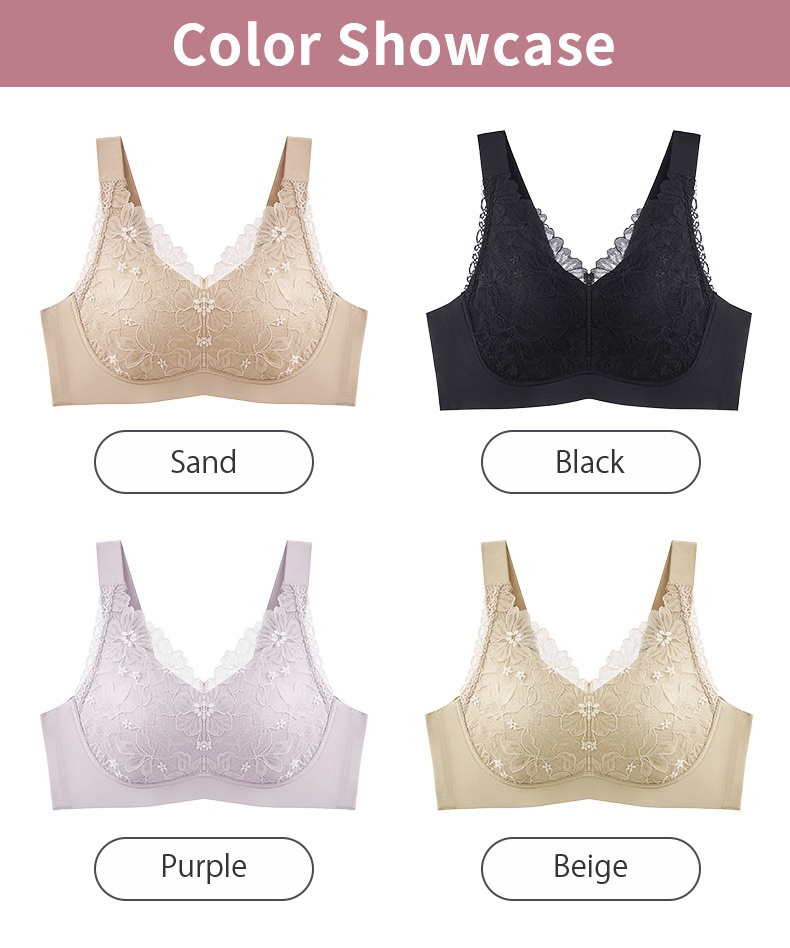 Color showcase of floral lace minimizer bra in sand, black, purple and beige - VEIMIA