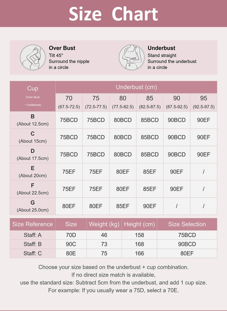 Bra size chart with bust and underbust measurement guide VEIMIA