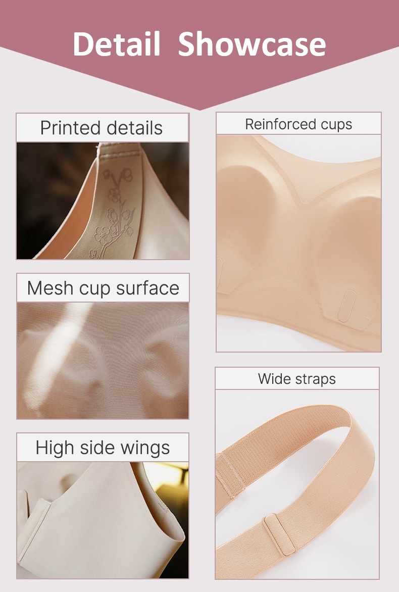 Detail showcase of printed cups mesh surface side wings and straps VEIMIA