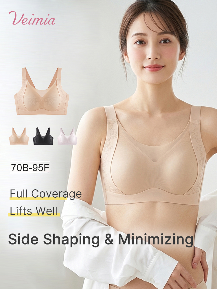 Model wearing sand full coverage minimizer bra with wide straps VEIMIA