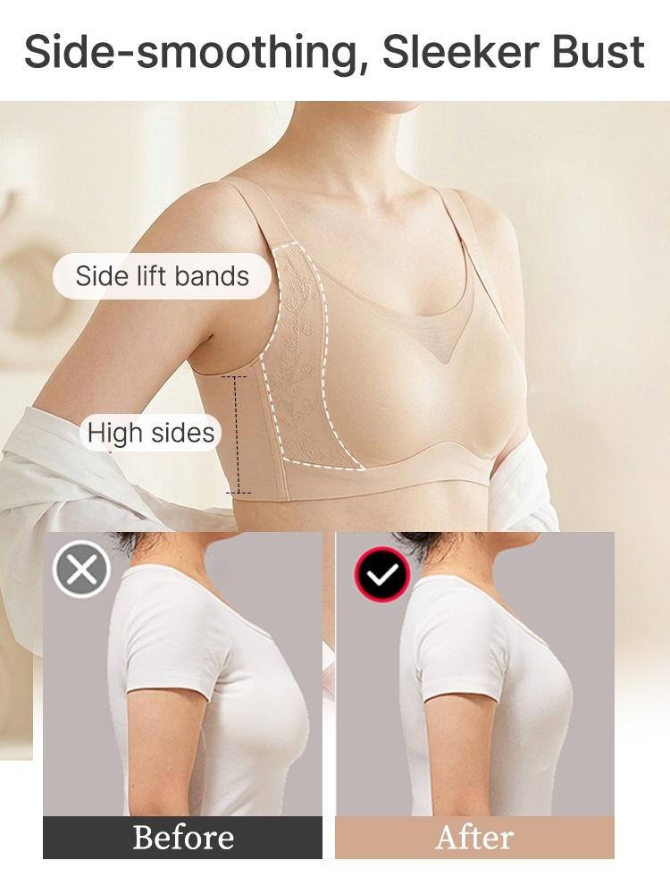 Feature graphic showing high side wings for underarm smoothing support VEIMIA