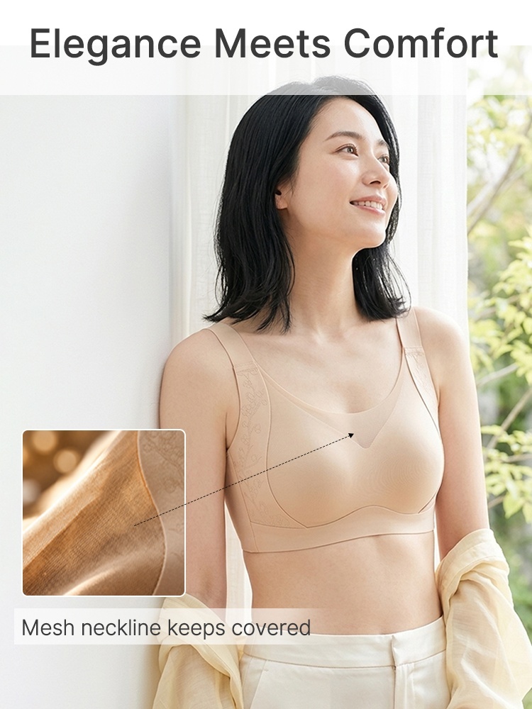 Close-up of mesh neckline and patterned cup surface on bra VEIMIA