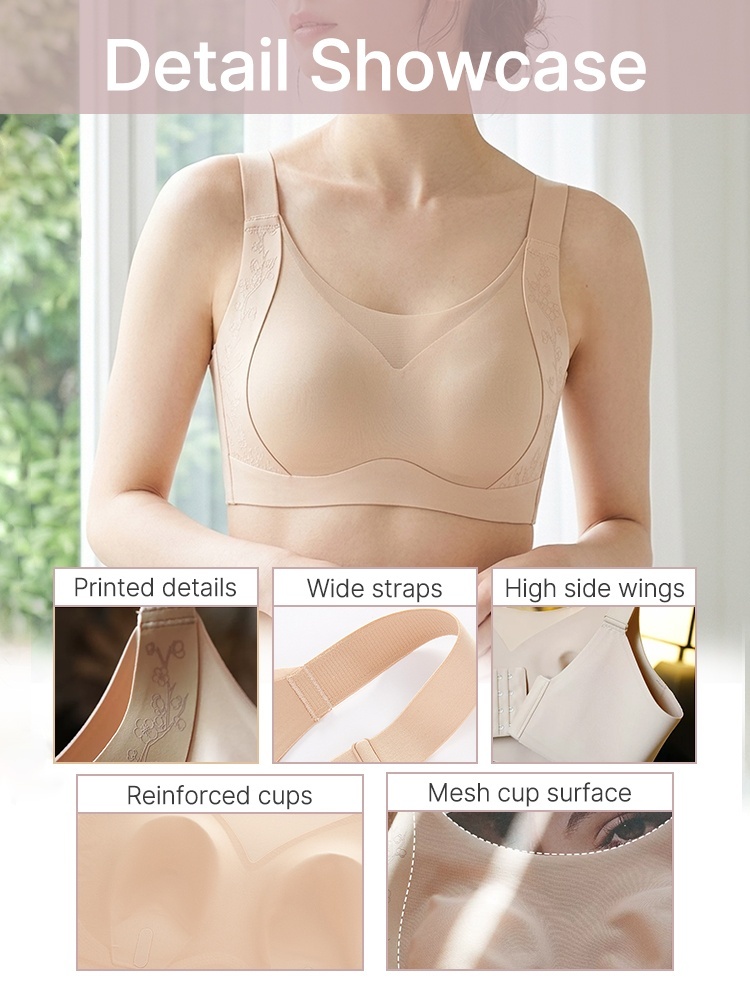 Detail showcase of cups straps side wings and mesh fabric VEIMIA