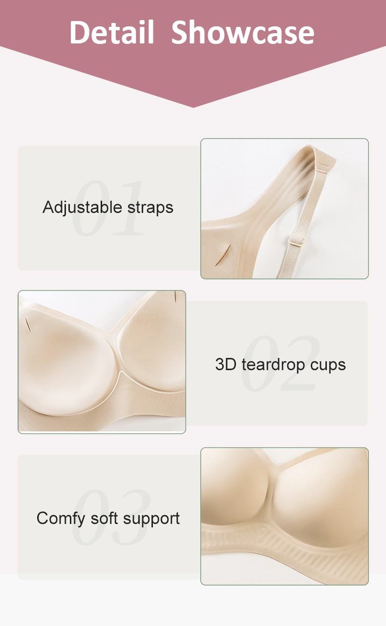 Detail graphic showing adjustable straps teardrop cups and soft support VEIMIA