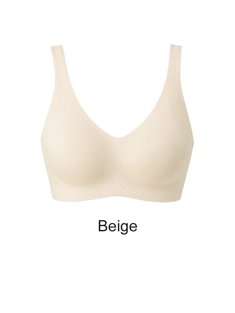 Beige seamless wireless bra front view with deep V neckline VEIMIA