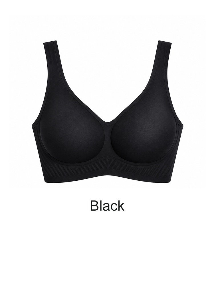 Black seamless wireless bra front view with deep V neckline VEIMIA