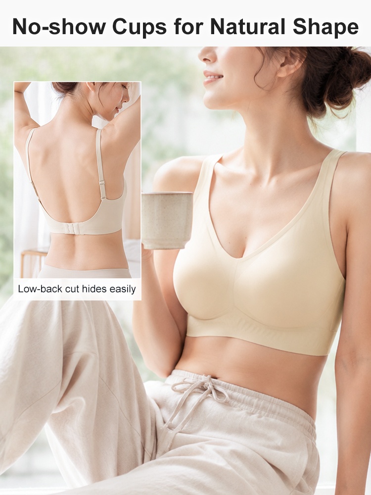 Model wearing beige seamless wireless bra with low back design VEIMIA