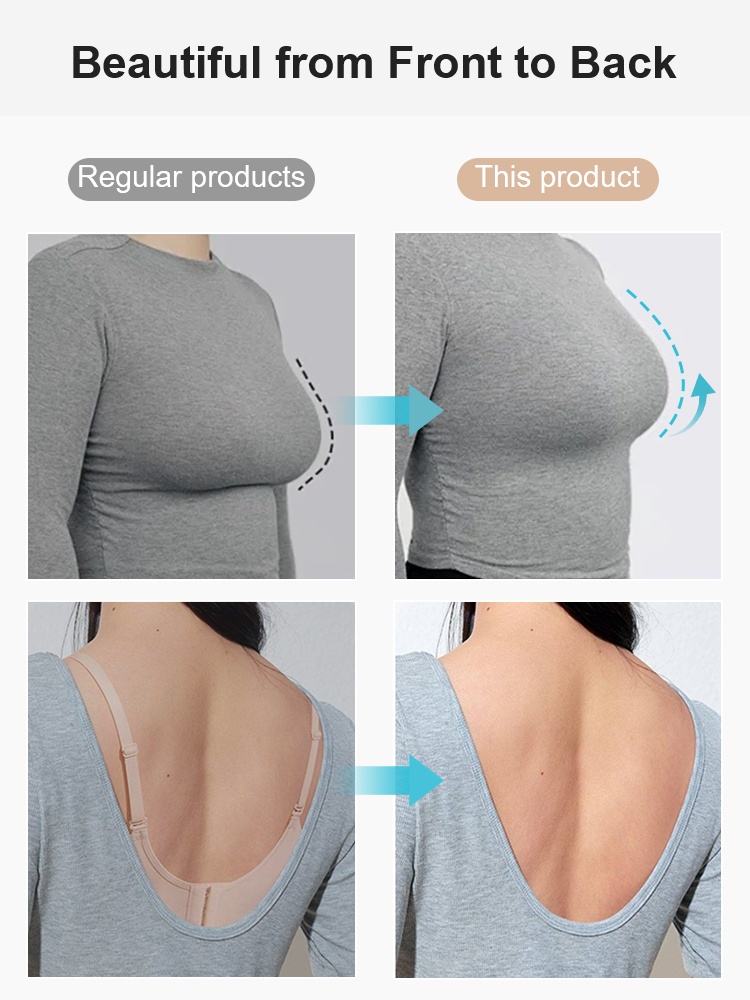 Comparison graphic showing smoother bust shape and hidden low back bra VEIMIA