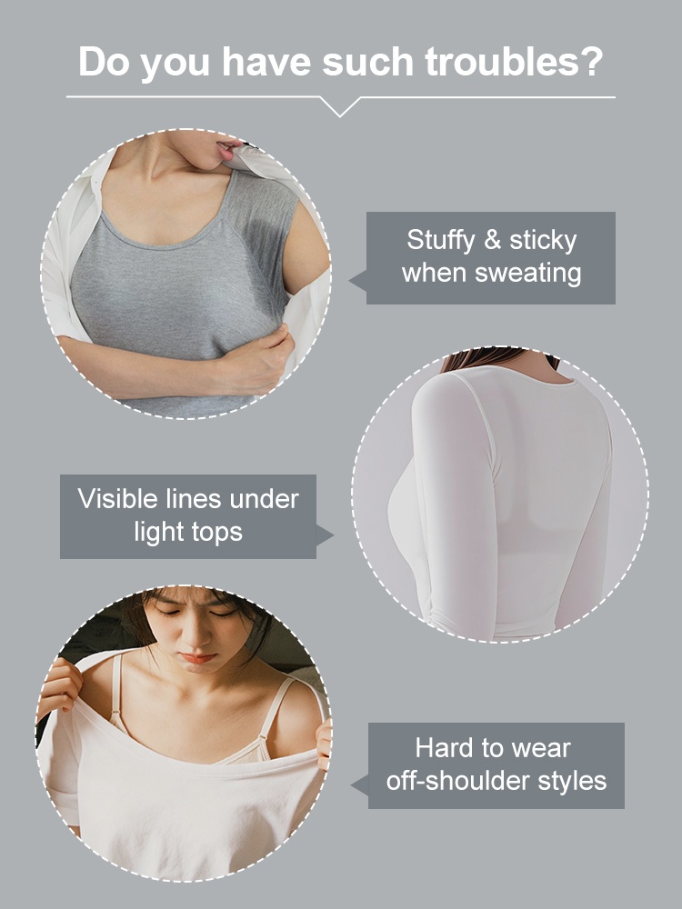 Problem graphic showing sweat visible bra lines and limited outfit options VEIMIA