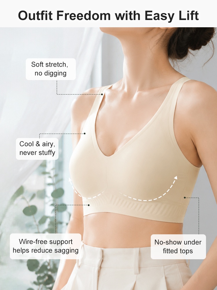 Feature graphic showing soft stretch wire free support and smooth fit VEIMIA