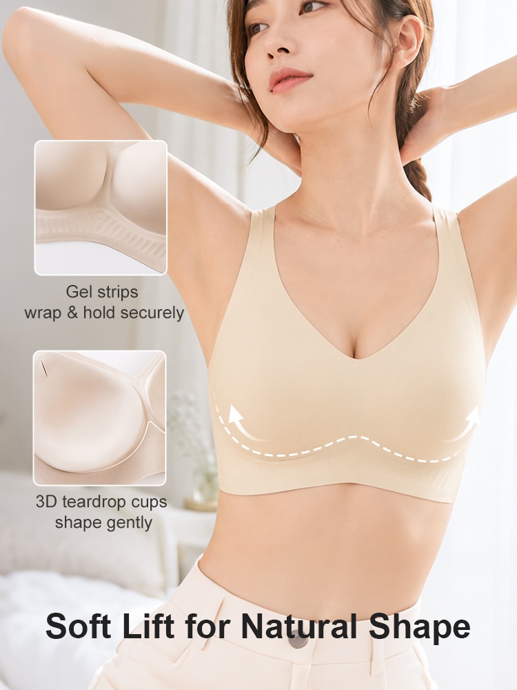 Model wearing beige wireless bra with gel strips and teardrop cups VEIMIA