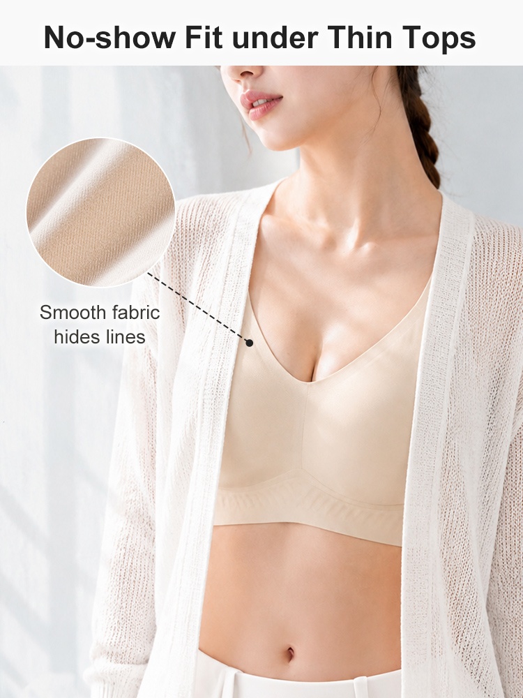 Model wearing beige seamless bra beneath a lightweight cardigan VEIMIA