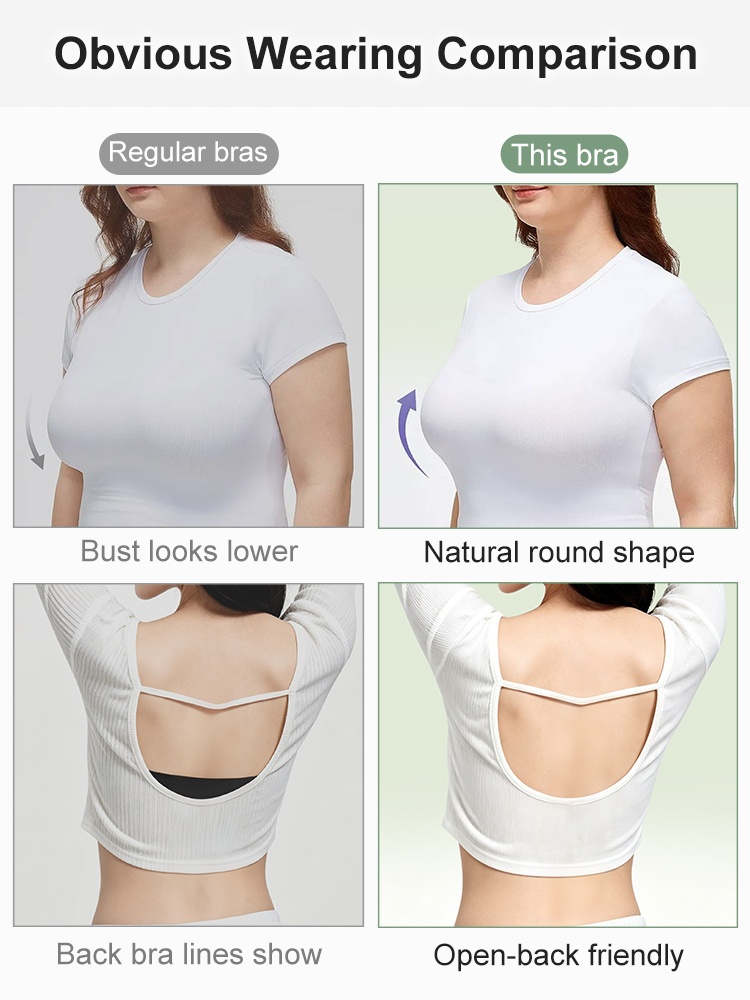 Comparison graphic showing natural bust shape and low back outfit fit VEIMIA