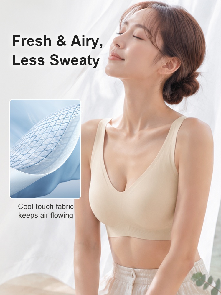 Model wearing beige cooling bra with breathable fabric feature graphic VEIMIA