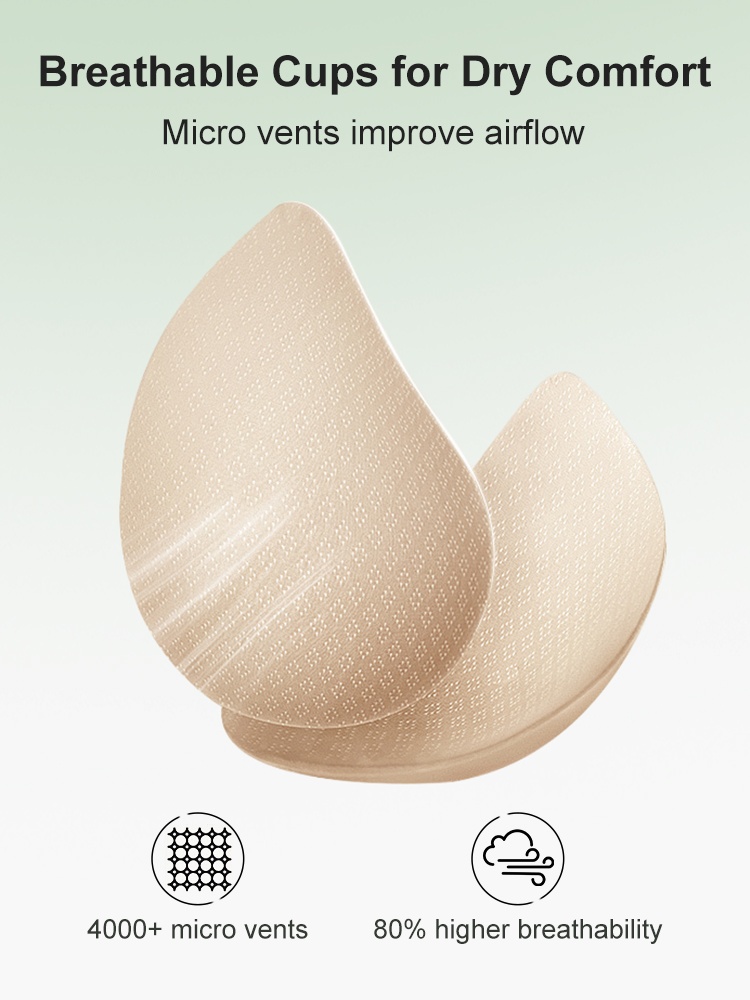 Close-up of beige bra cups with micro vents for airflow VEIMIA