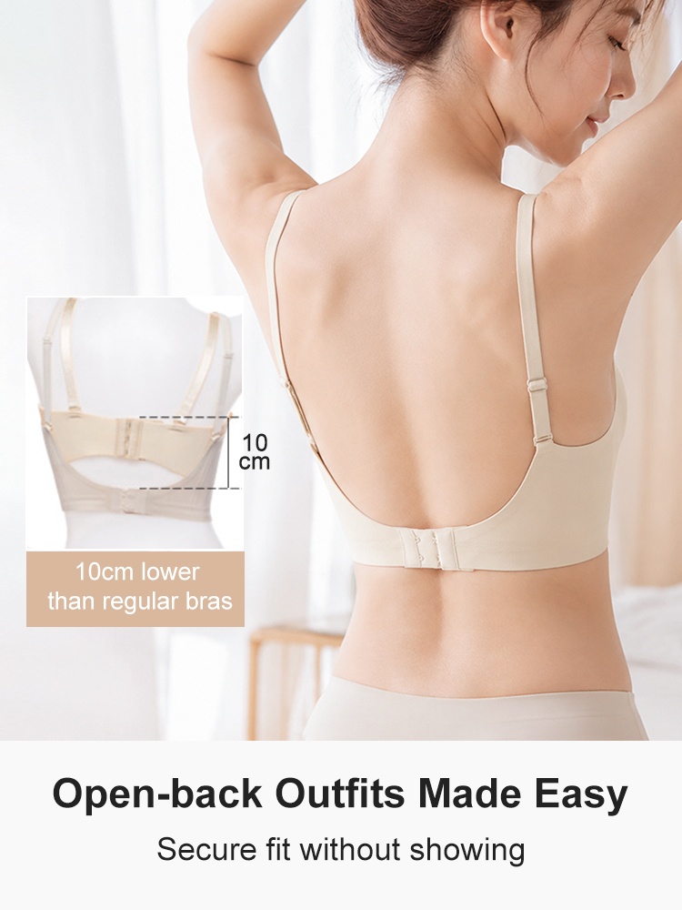 Back view of model wearing beige low back bra with adjustable straps VEIMIA
