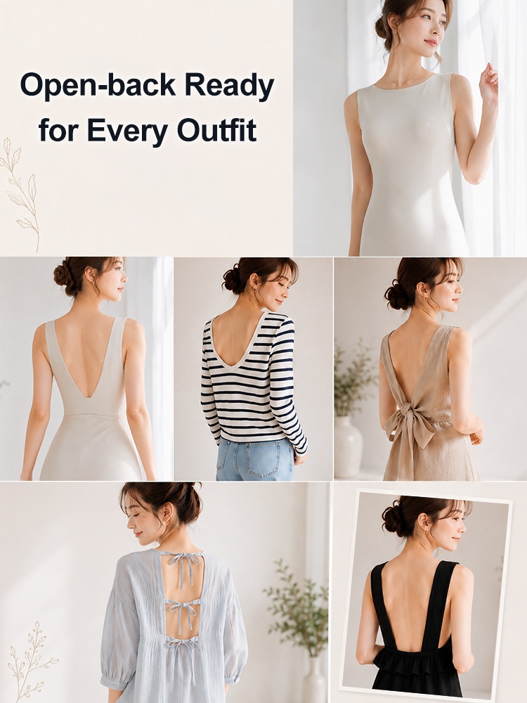 Outfit collage showing multiple open back clothing styles for low back bras VEIMIA