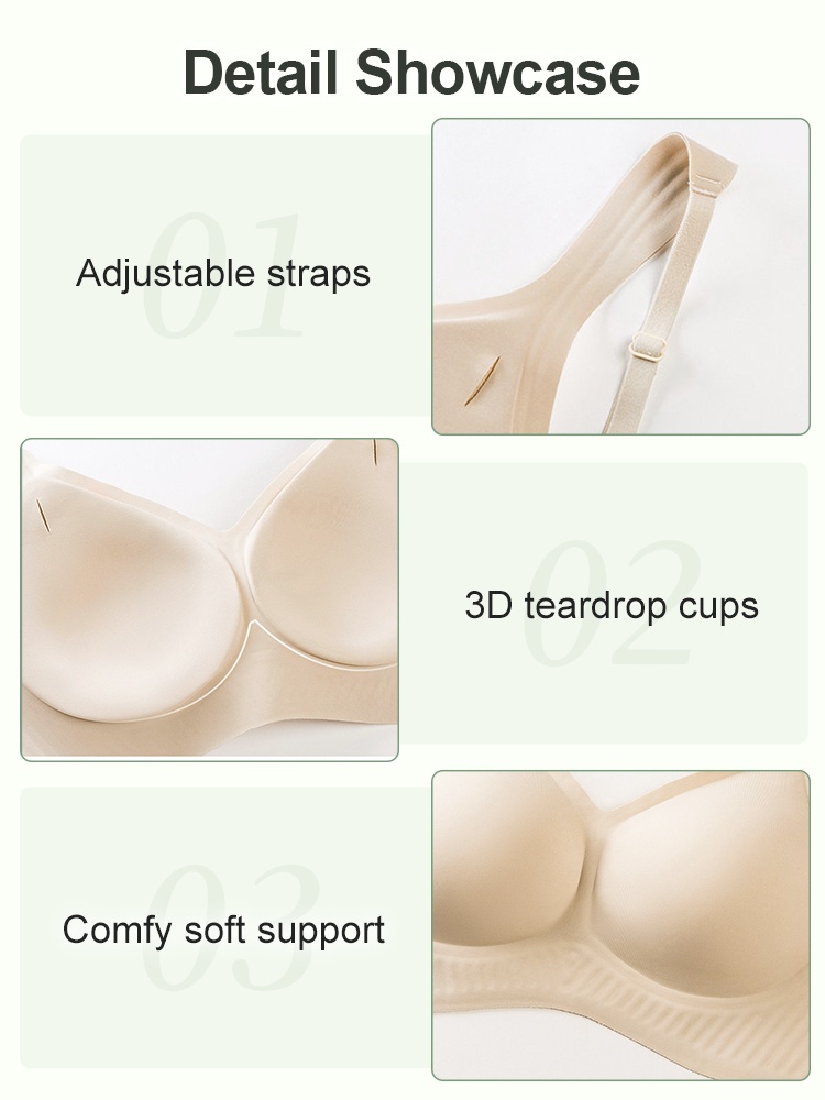 Detail graphic showing adjustable straps teardrop cups and soft underband VEIMIA