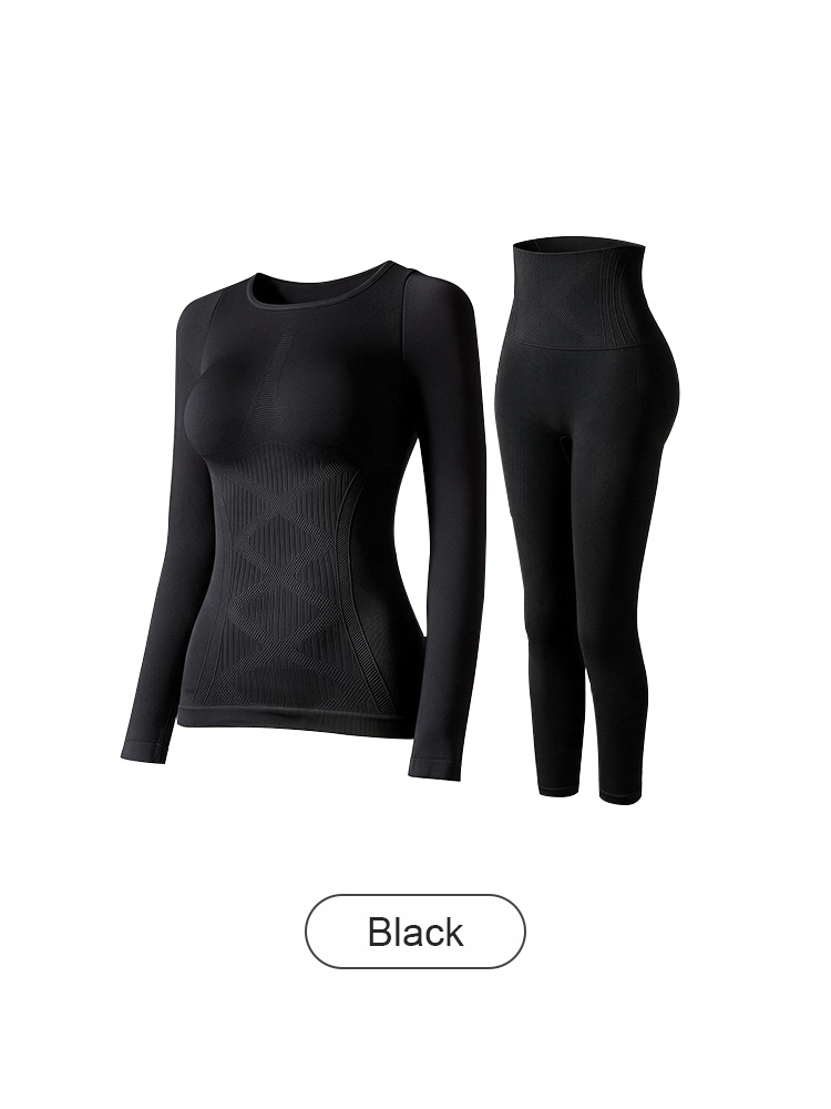 Black matching thermal underwear set with long sleeve shaping top and high waist leggings VEIMIA