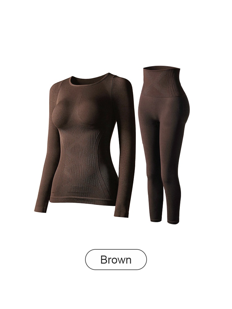 Brown thermal underwear top and matching leggings with ribbed shaping panels on white background VEIMIA
