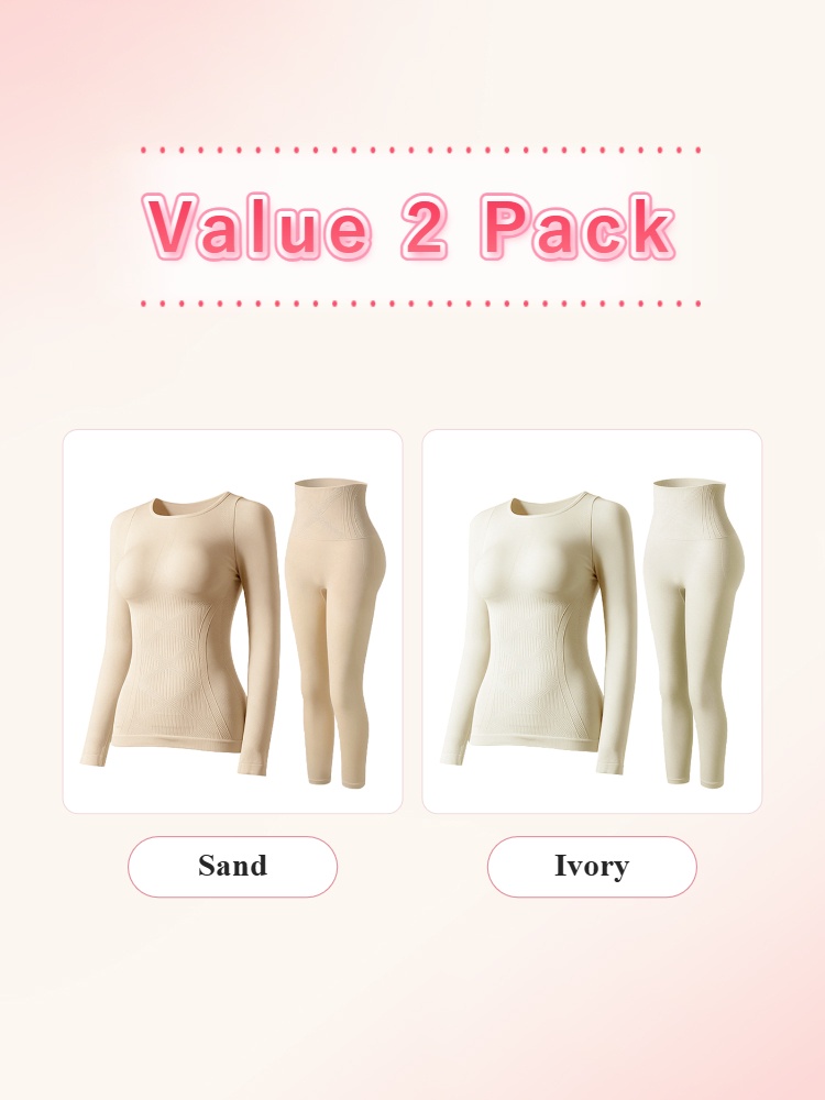 Two pack thermal underwear sets in sand and ivory with matching long sleeve tops and leggings VEIMIA