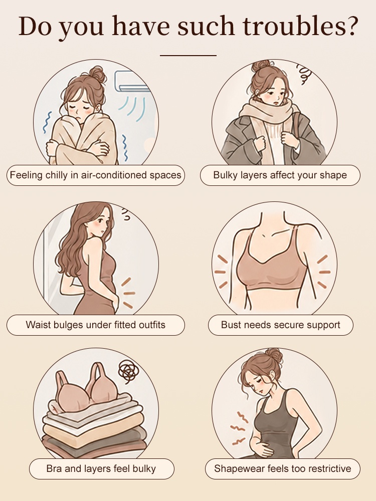 Illustrated graphic showing common concerns about bulky winter layers and restrictive shaping underwear VEIMIA