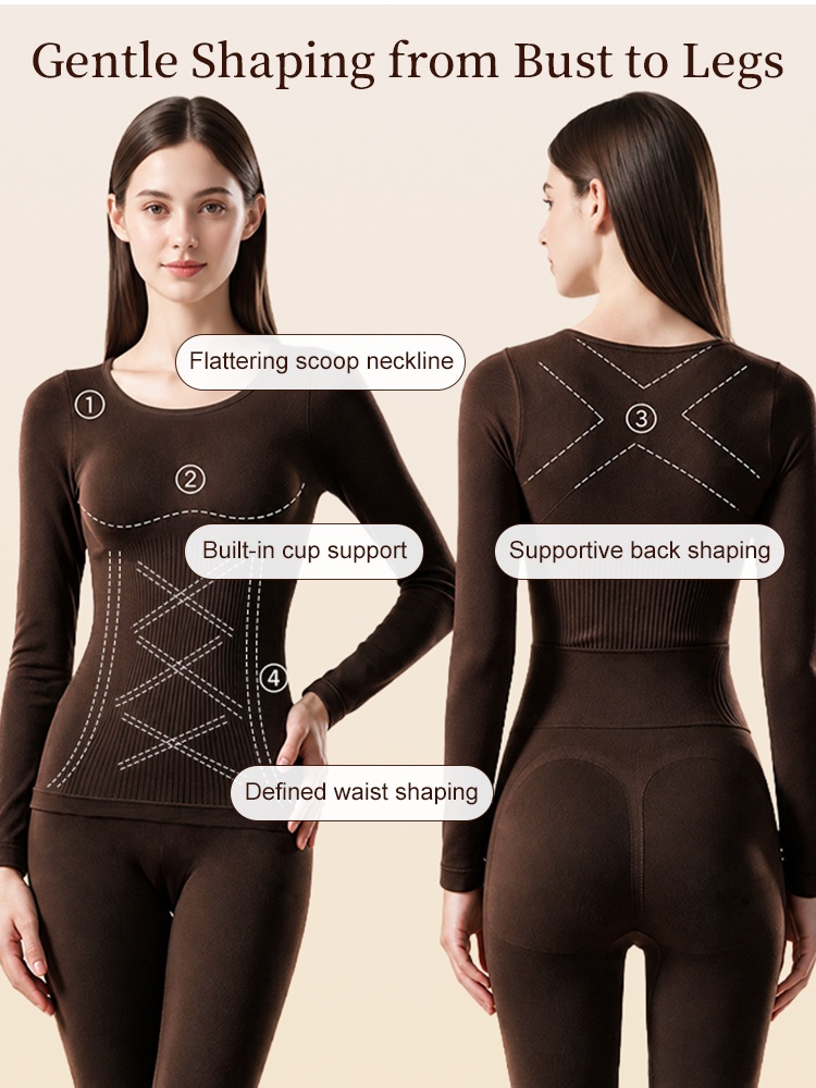 Front and back views of brown thermal shaping set with bust waist and back support zones VEIMIA