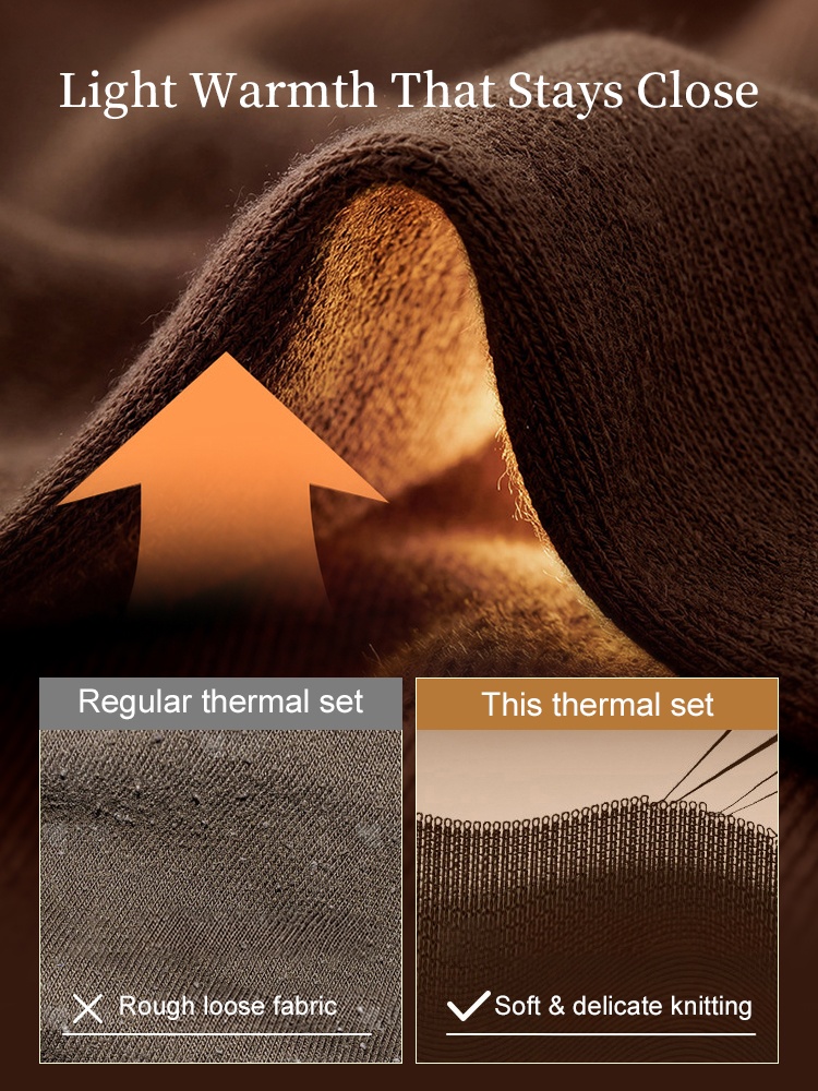 Fabric close-up comparing loose knit texture and fine dense brown thermal knit VEIMIA