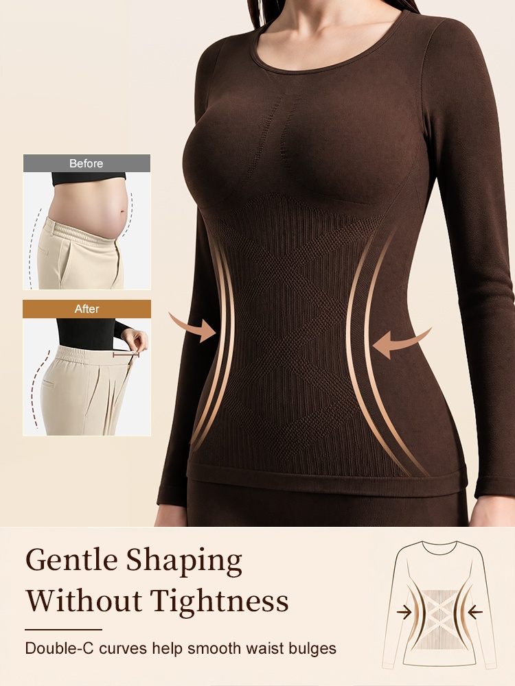 Brown shaping thermal top with ribbed waist panel and side compression arrows VEIMIA