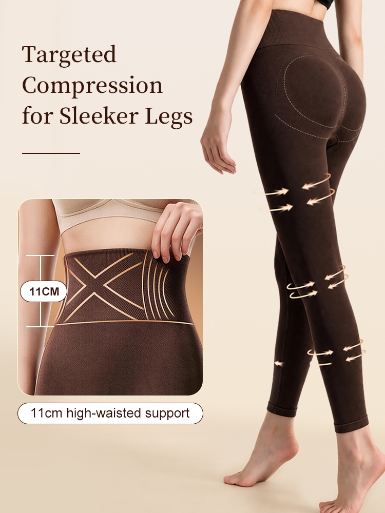 Brown high waist thermal leggings with illustrated compression zones and waistband close-up VEIMIA