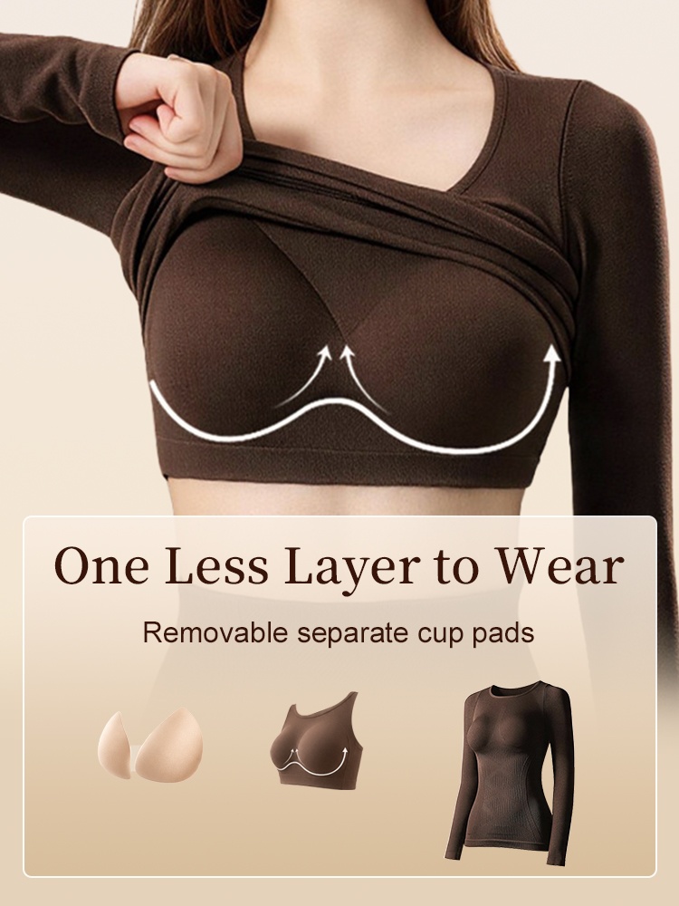 Close-up of brown thermal top lifted to reveal separate built-in bust cup pads VEIMIA