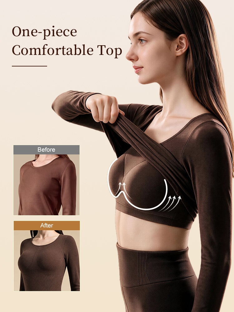 Side view of model lifting brown thermal top to show integrated bust support panel VEIMIA
