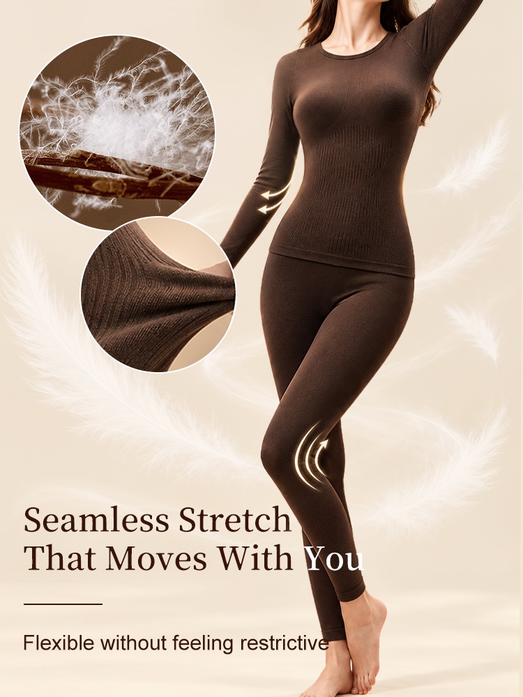 Model wearing brown long sleeve thermal set with fabric stretch and texture insets VEIMIA
