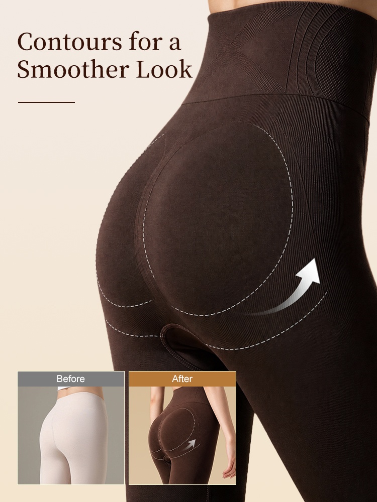 Brown high waist thermal leggings close-up showing curved knit panels around the hips VEIMIA