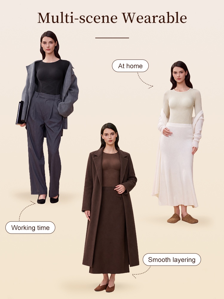 Lifestyle graphic showing thermal shaping tops worn at home work and under coats VEIMIA