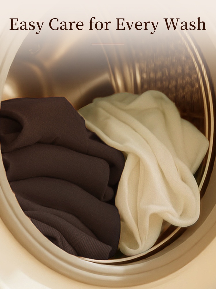 Brown and ivory thermal clothing placed inside washing machine drum for care illustration VEIMIA