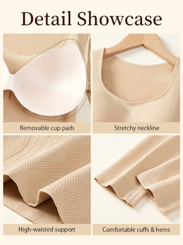 Detail collage showing removable cup pad rounded neckline textured high waistband and sleeve cuffs VEIMIA