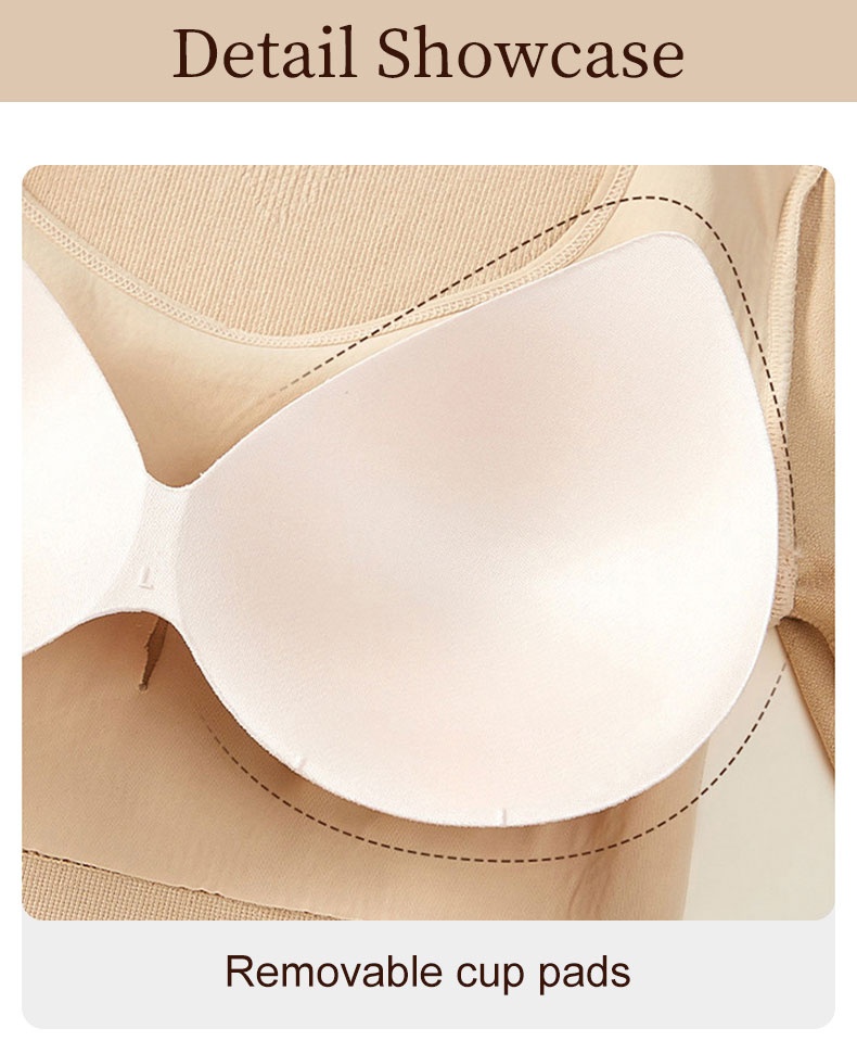 Detail view of removable white bust pad inside ivory long sleeve thermal top VEIMIA